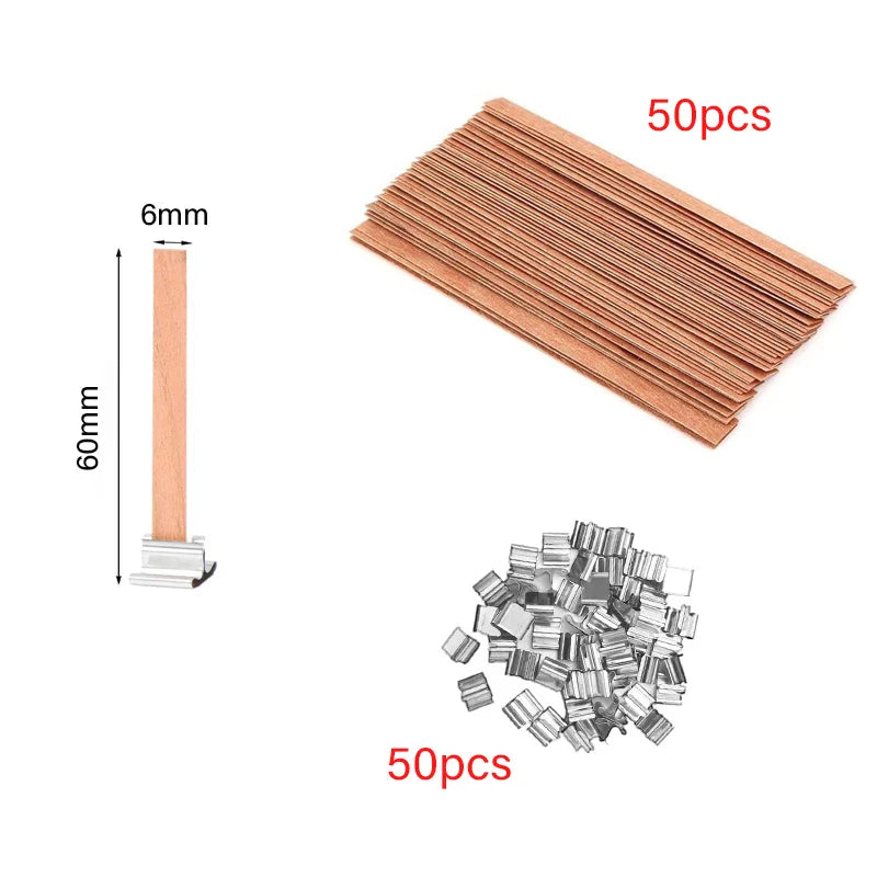 30/50-Pack Cherry Wood Candle Wicks with Metal Clip Bases – Smokeless Wooden Wicks for DIY Jar Candles