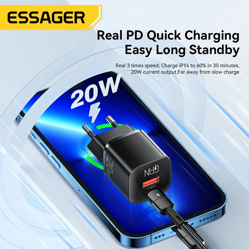 20W GaN USB-C Travel Charger with USB-A & USB-C Ports, USB PD & Quick Charge