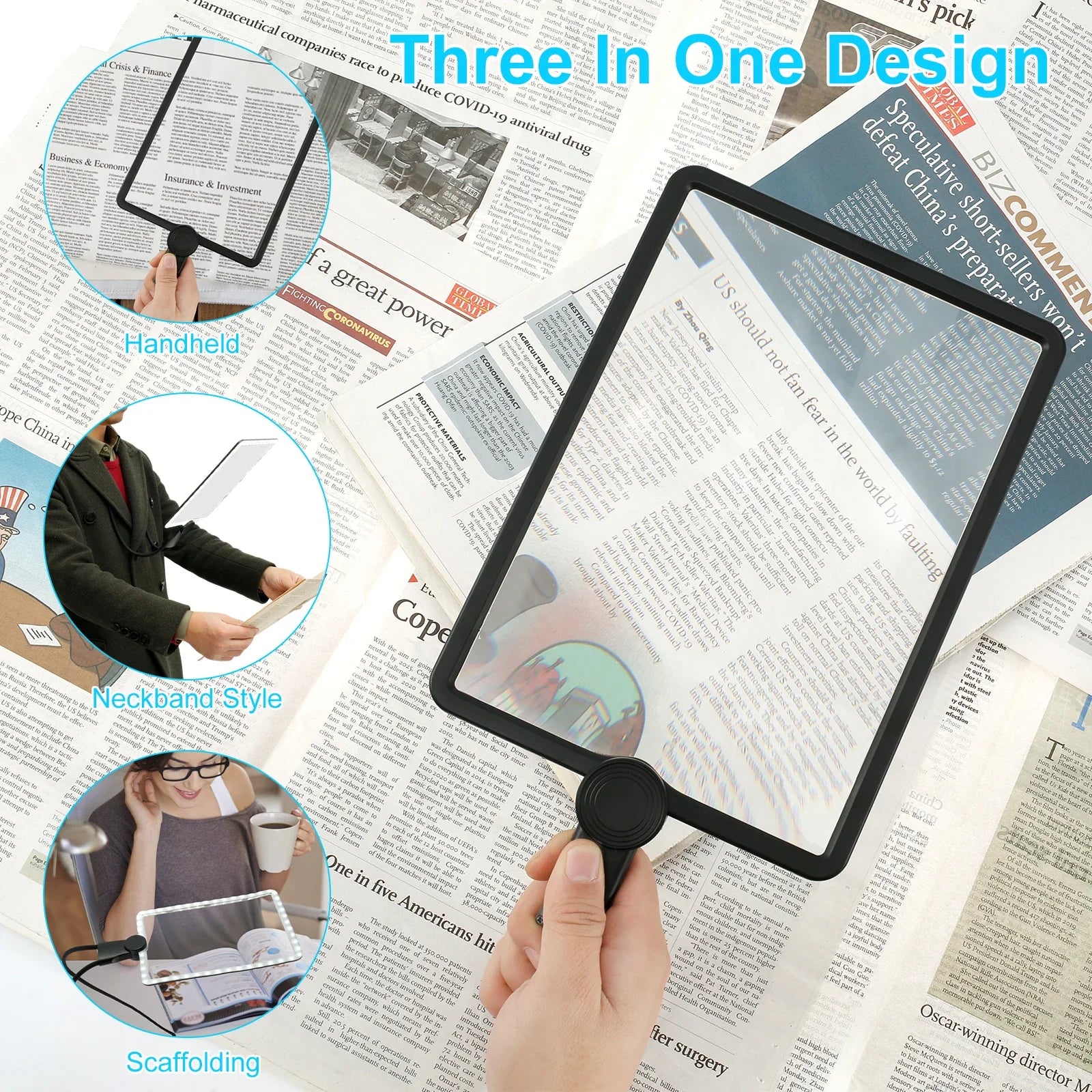 5X Hands-Free Neck Magnifier with LED Light — 9.4×6.5 in (240×170 mm) Large Reading Lens, Dimmable & Rechargeable, 3-in-1 Neck/Handheld/Stand