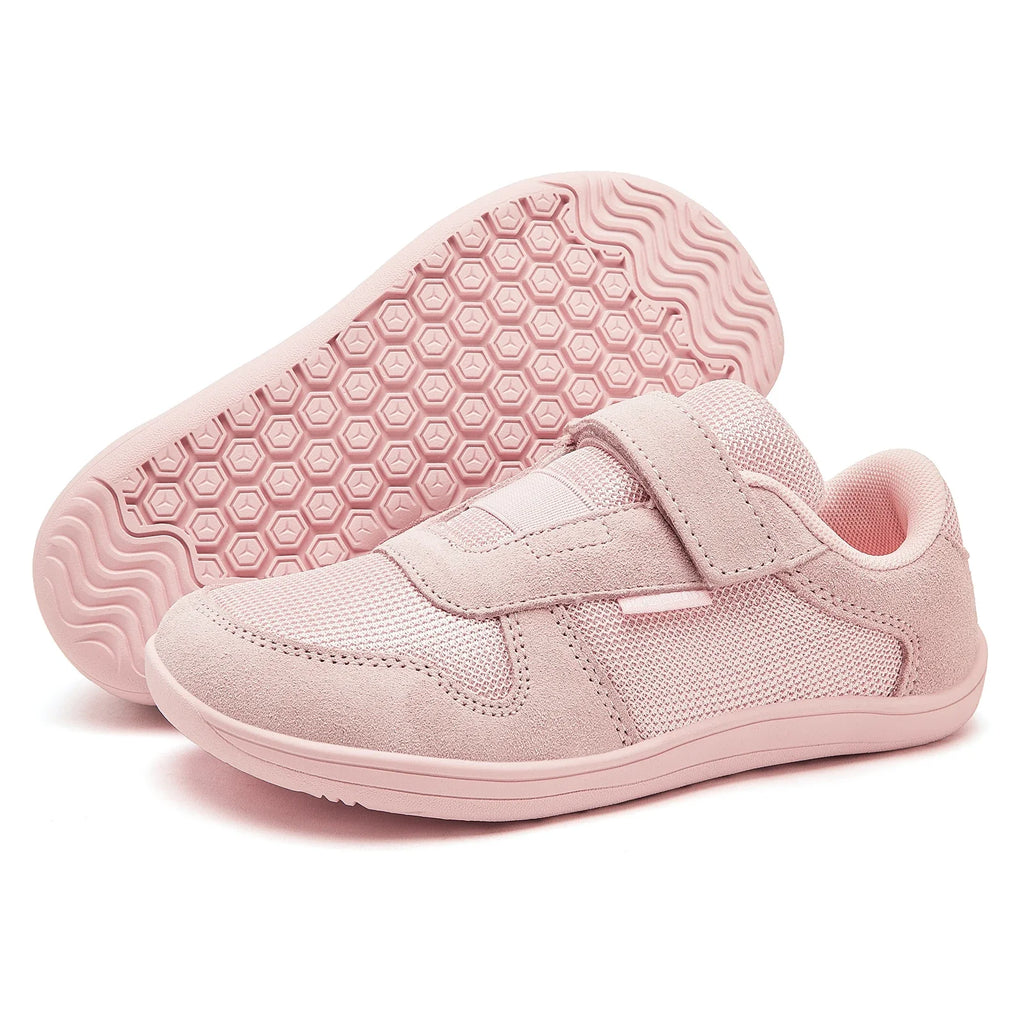 Kids Wide-Toe Barefoot Sneakers — Lightweight Hook & Loop Mesh with Faux Leather Toe