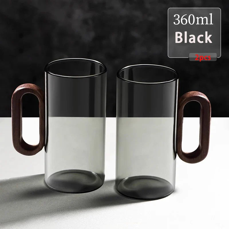 2/4/6-Pack Borosilicate Glass Mugs with Walnut Wooden Handle, 360 ml (12.2 fl oz) Heat-Resistant Teacup Set for Coffee, Milk & Juice