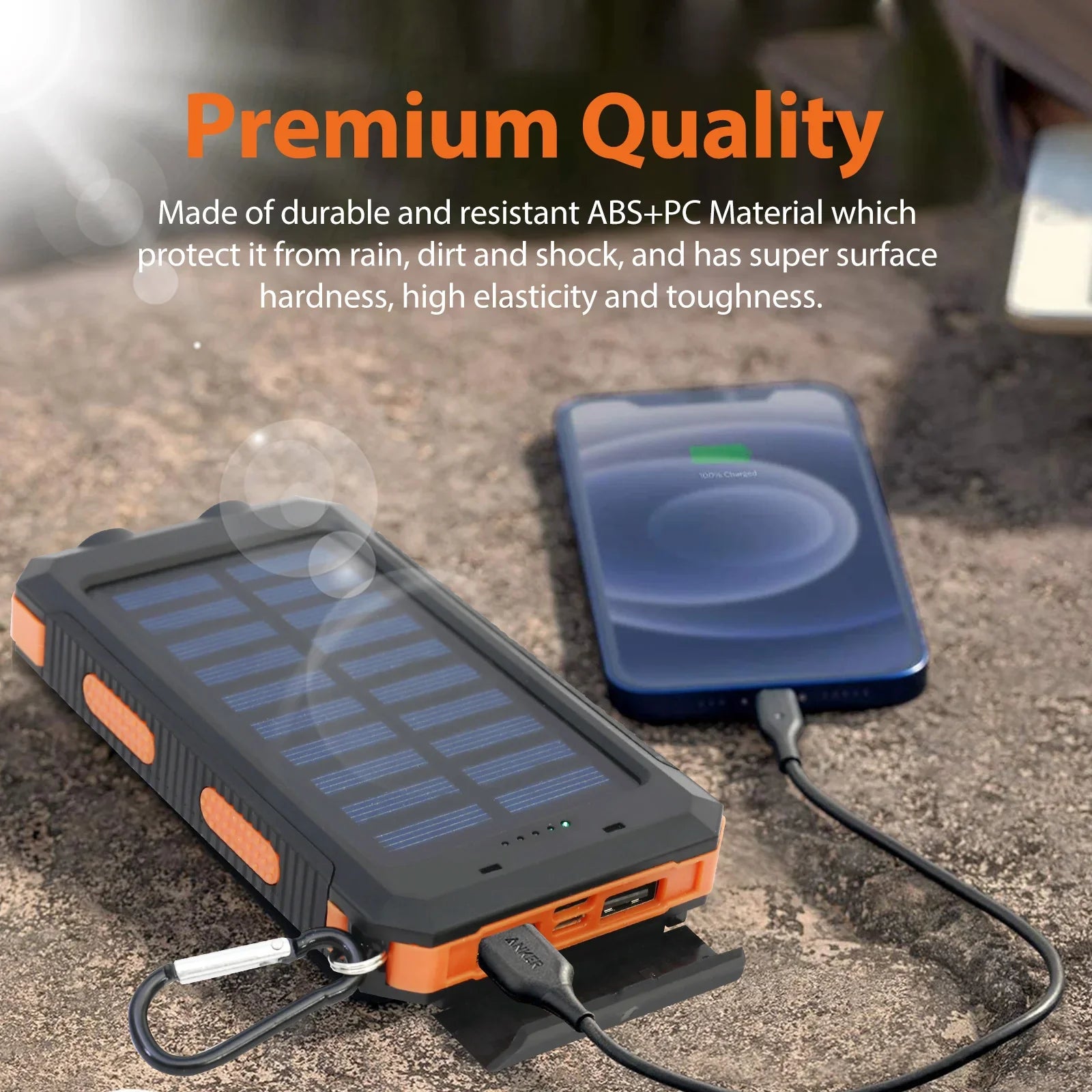 20000mAh Solar Power Bank - Portable Solar Charger with Dual USB, USB-C Input, Built-in Cables & LED Flashlight