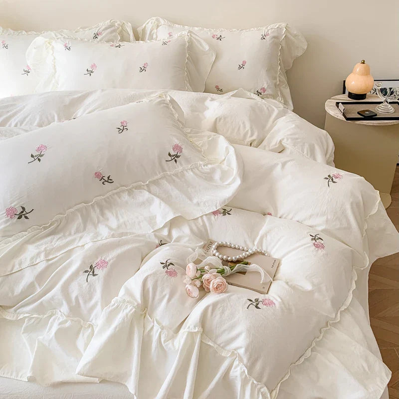3‑Pc Rose Embroidered Duvet Cover Set with Ruffled Lace Pillowcases — Princess Bedding, Multiple Bed Sizes