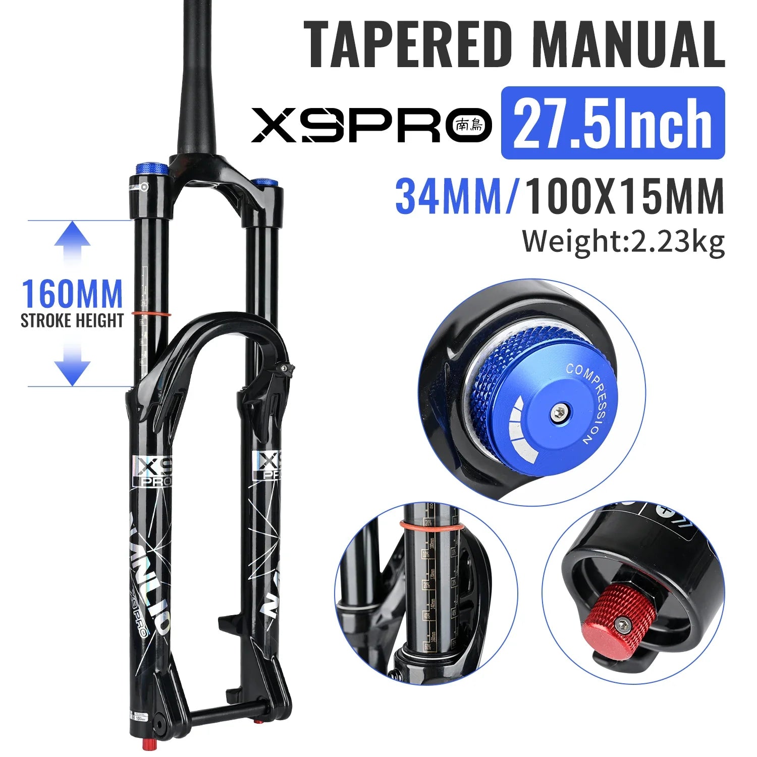 34mm MTB Suspension Fork for 26/27.5/29 in Wheels, Oil & Air Damping, 140/160mm (5.5/6.3 in) Travel with Metal Bushings