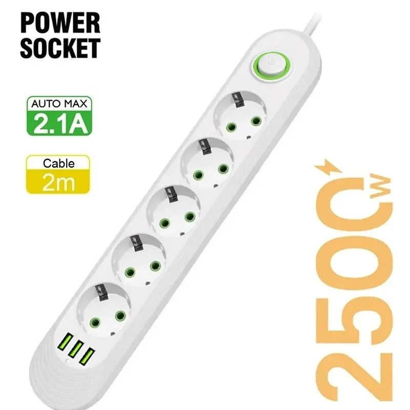 2500W EU Plug Power Strip, 5 Outlets & 3 USB Ports, Overload Protection with Master Switch
