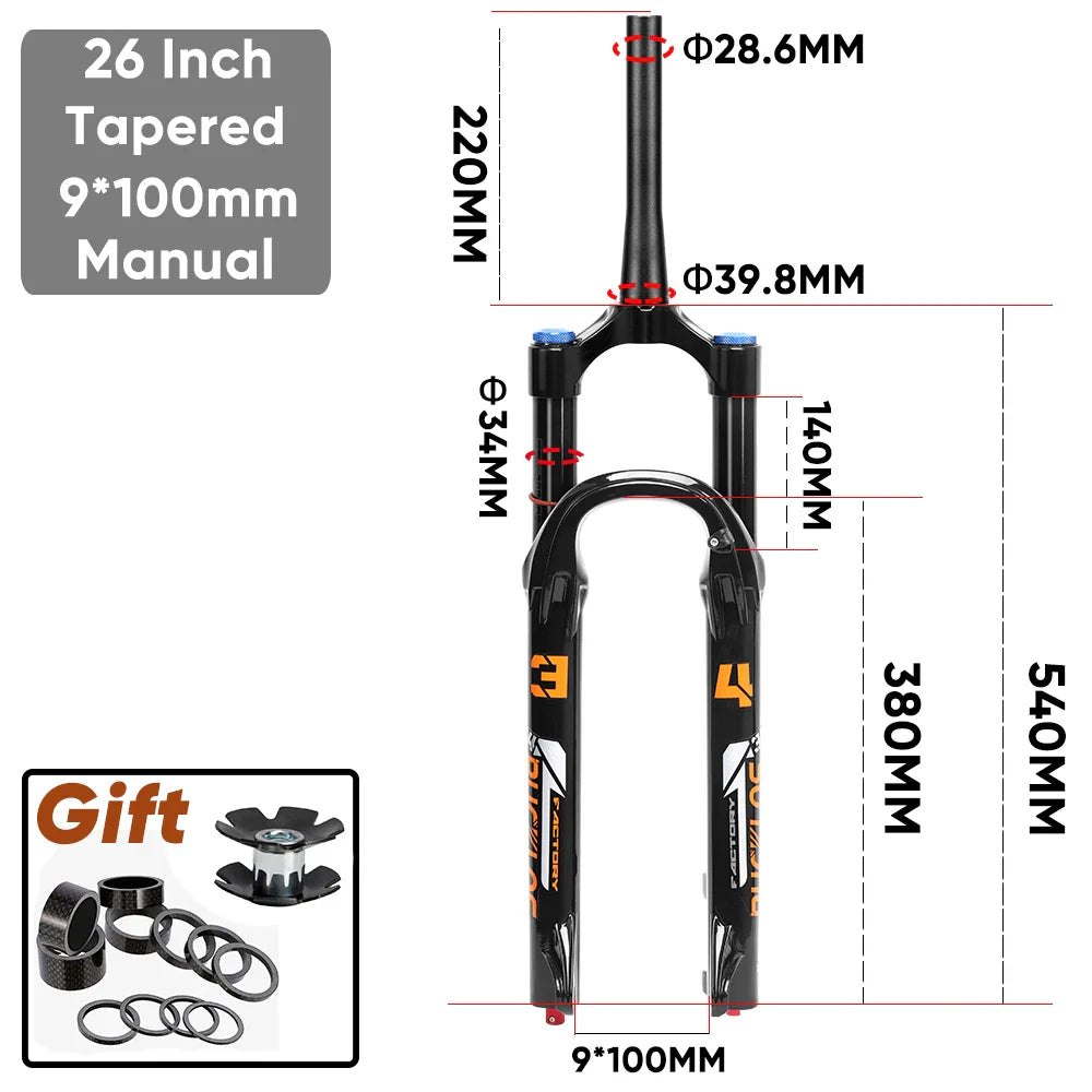 MTB Air Suspension Fork 140mm Travel (5.5in) - 26/27.5/29-inch Wheels - 9x100mm QR Axle - 34mm Stanchion, 28.6mm Steerer