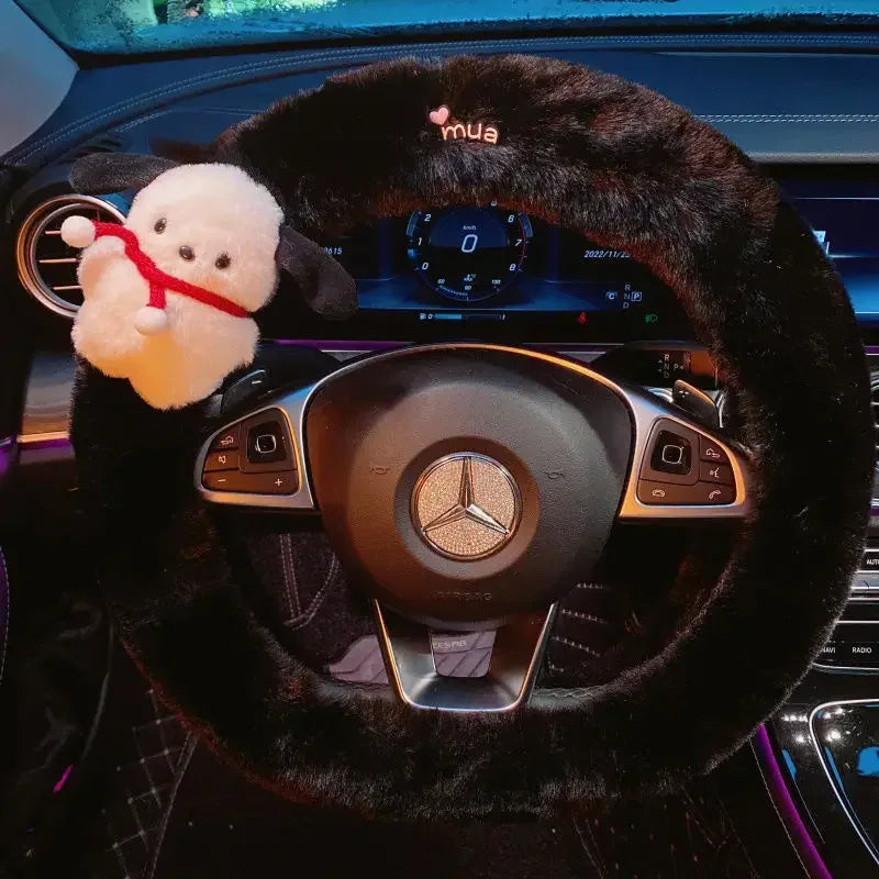 Kawaii Cute Dog Cartoon Steering Wheel Cover 15 in (38 cm) Plush Anti-Slip Warm Car Interior Accessory