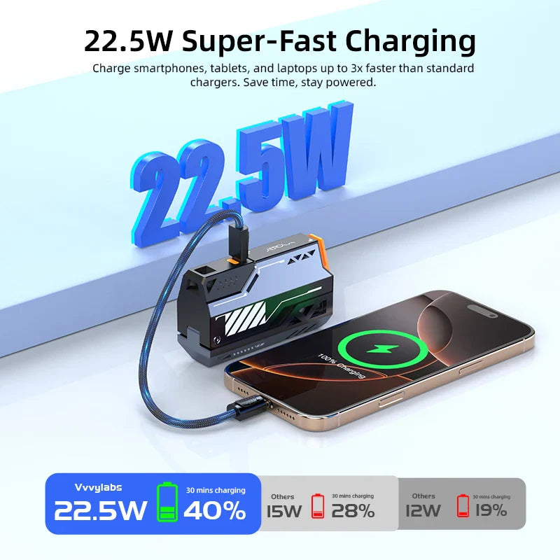 Detachable 30000mAh Power Bank — 22.5W PD Wireless Fast Charger USB-C with 21700 Replaceable Batteries