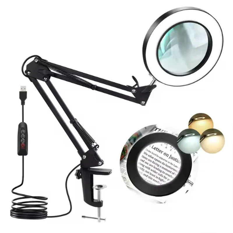 5X LED Magnifying Lamp with 4.3-inch (110 mm) Lens — 72 LED USB Dimmable 3-Color Clamp Magnifier for Soldering, Reading, Beauty & Crafts