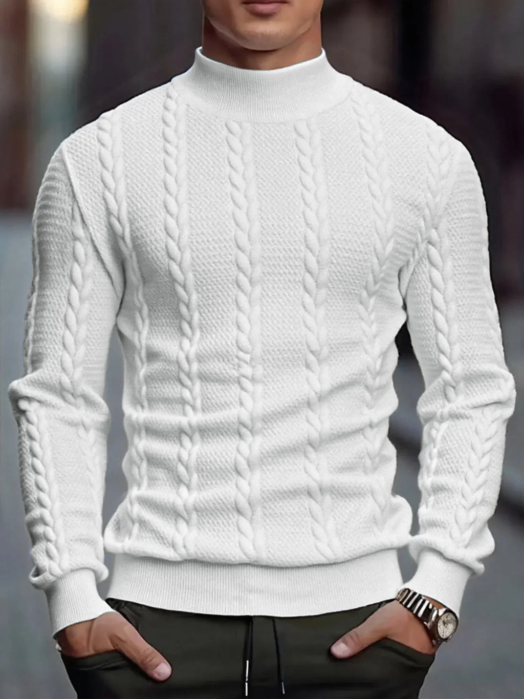 Men's High Collar Knit Sweater - Slim Fit Vintage Twist Turtleneck Pullover, Warm Winter Knitwear