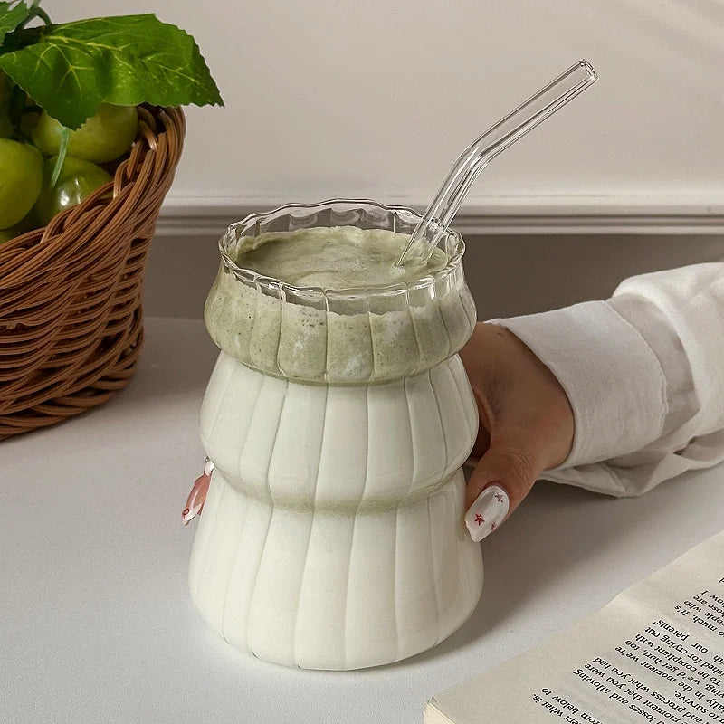 Vertical Striped Clear Glass Cup - Aesthetic Drinkware for Milk Tea, Coffee & Juice