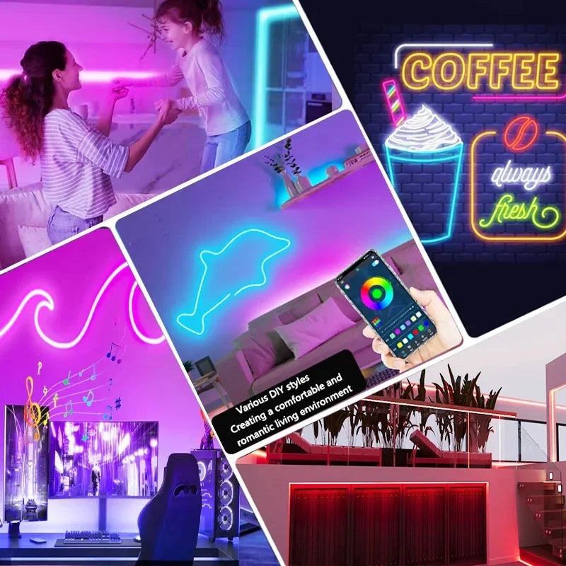 RGBIC Neon LED Strip Light 1/2/3/5M (3.3/6.6/9.8/16.4 ft) IP65 Waterproof USB Smart Rope Light App & Voice Control Music Sync