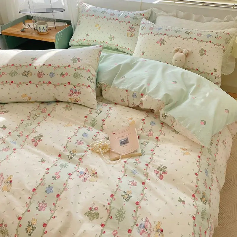 Pink Floral Brushed Microfiber Bedding Set Duvet Cover, Flat Sheet & Pillowcases (Twin/Full/Queen/King)