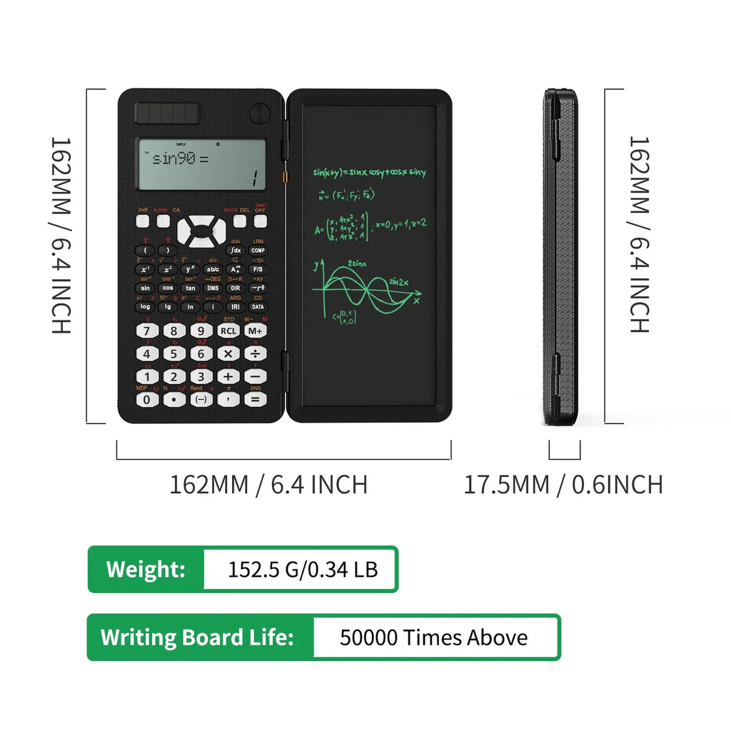 Scientific Calculator with 6.5-Inch (16.5 cm) Writing Tablet — 349-Function Engineering & Financial Calculator, Solar + Battery, Foldable Portable for Students & Office