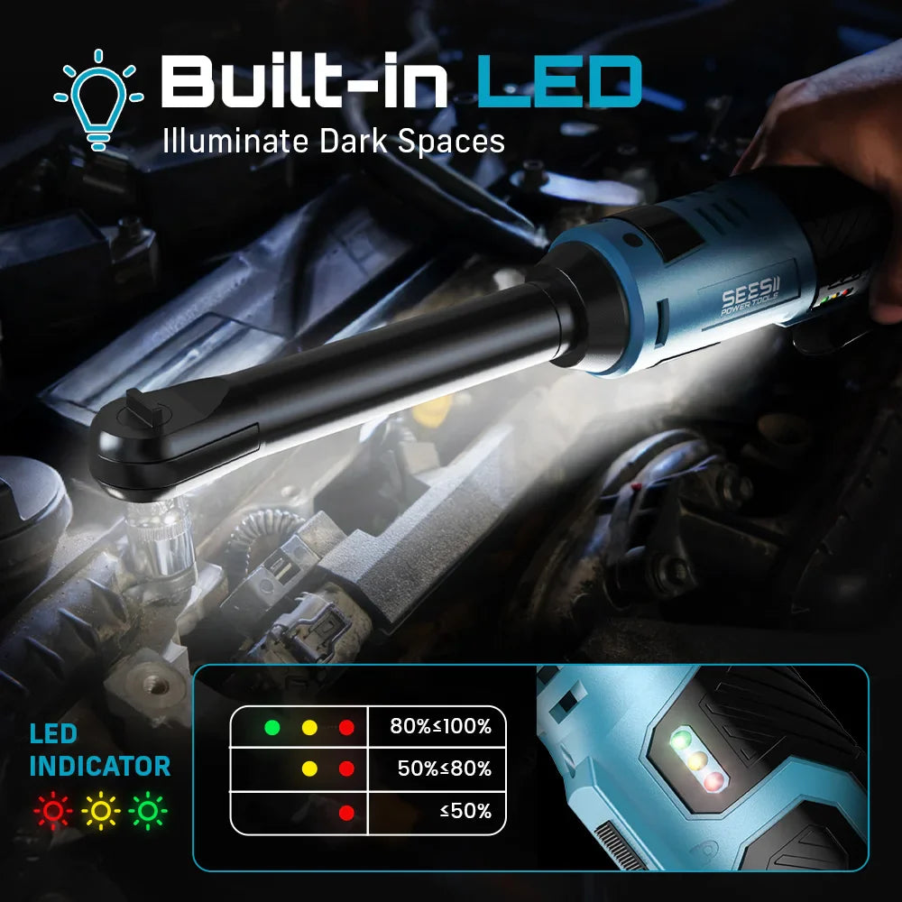 6-Inch (150 mm) Extended Cordless 3/8-Inch (9.5 mm) Ratchet Wrench 12V Rechargeable 54 N·m (40 ft-lb) Electric Angle Wrench with 2 Batteries