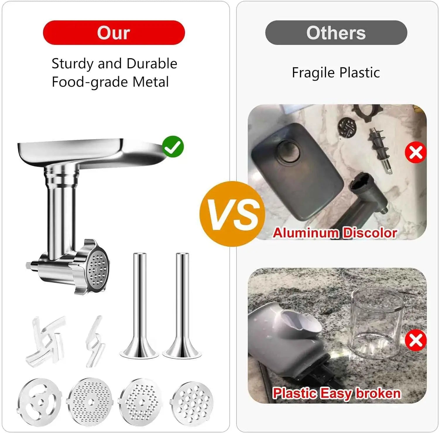 Metal Food Grinder Attachment for Stand Mixers – Meat Grinder & Sausage Stuffer Kit, 4 Grinding Plates