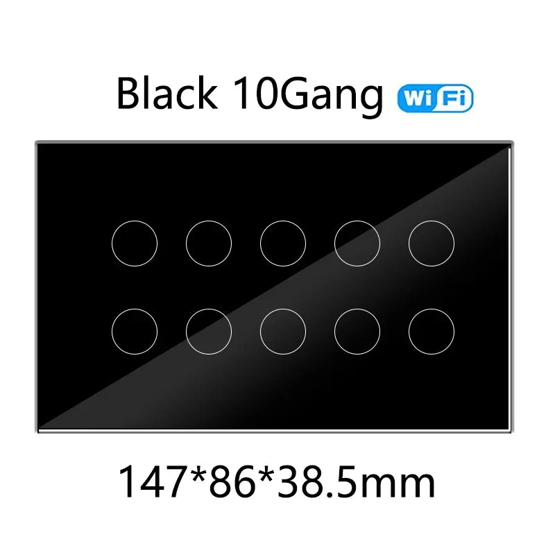 WiFi Smart Touch Glass Wall Light Switch — 8 Gang or 10 Gang (147 x 86 x 38.5 mm / 5.79 x 3.39 x 1.52 in) — Tuya/Smart Life, Alexa & Google Home