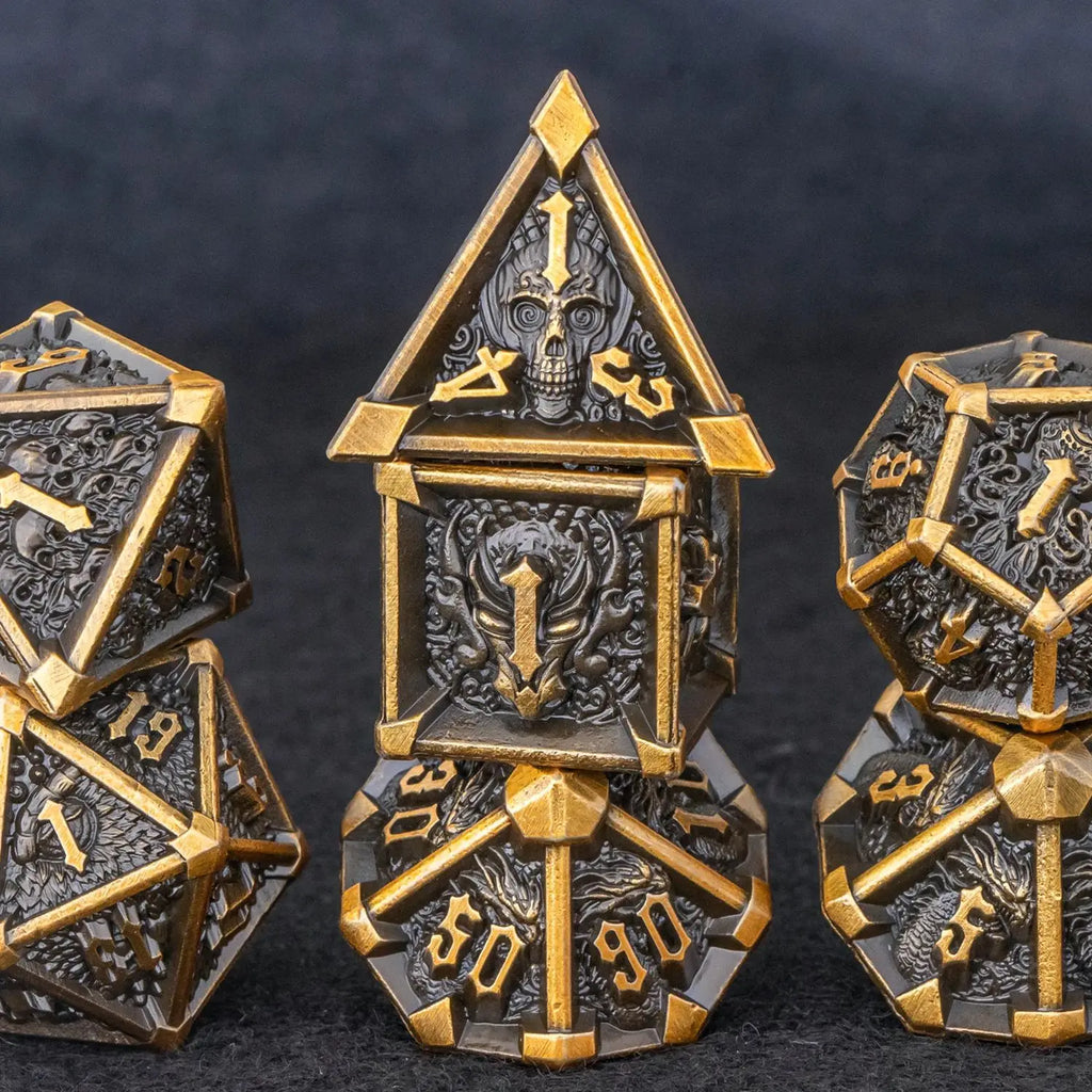 Skull and Dragon Metal Dice Set - 7-Piece Polyhedral DnD Dice for Dungeons & Dragons Tabletop RPG