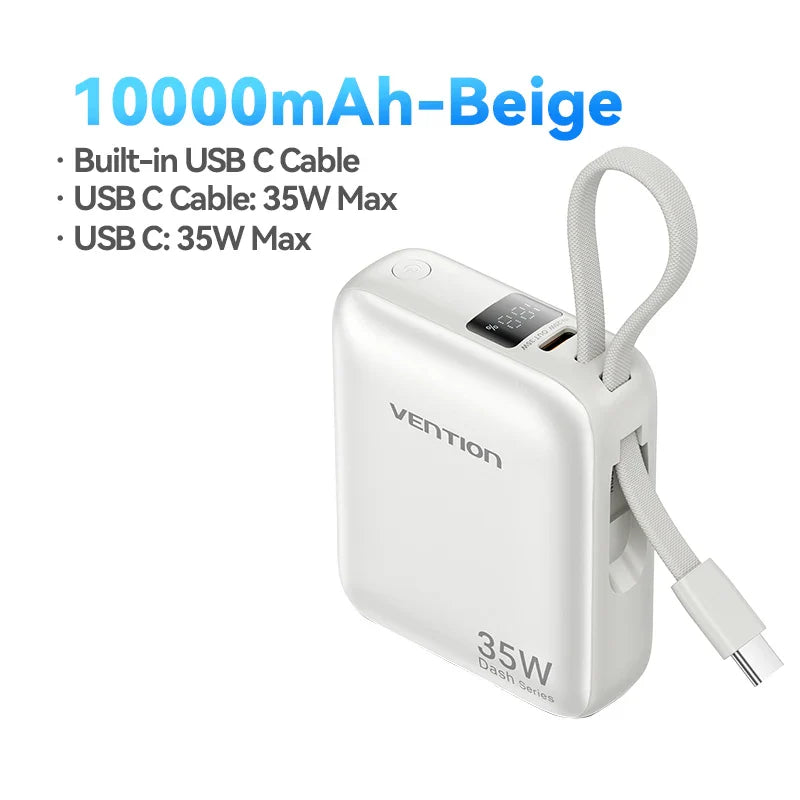 10000mAh 35W USB-C Power Bank with Built-In Cable & LED Display - Portable Fast Charger for iPhone, Android, MacBook Air