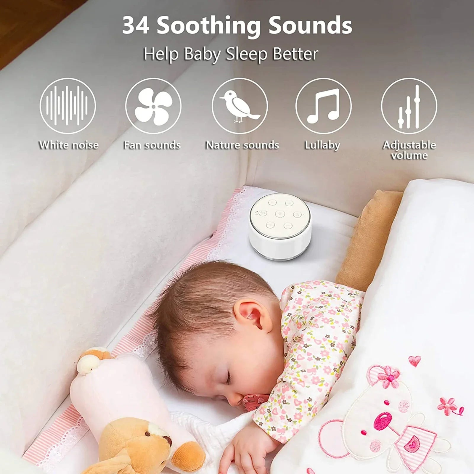 White Noise Machine for Baby – Portable Sleep Sound Machine with 34 Soothing Sounds, 7-Color Night Light, Timer & USB-C Rechargeable
