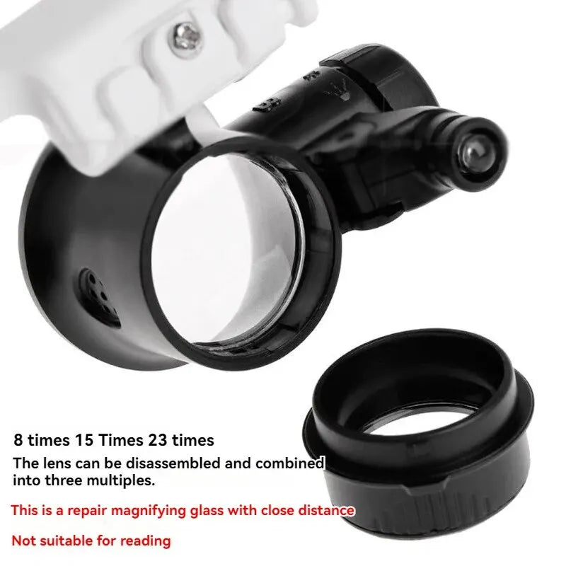 Headband Magnifier with LED Lights — 3 Interchangeable Lenses 8x/15x/23x for Watch Repair, Jewelry & Engraving