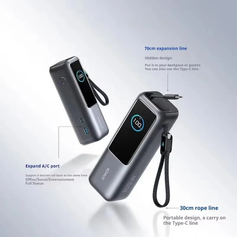165W 25000mAh Portable Power Bank with Retractable Cables, 100W USB-C Fast Charge, Dual USB Output, Lightweight Metal Charger