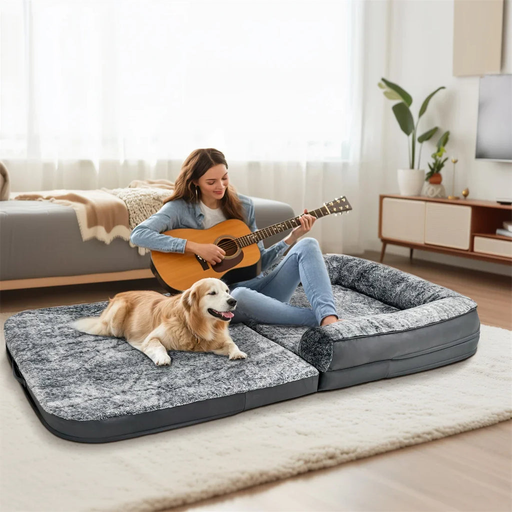 Human-Size Giant Dog Bed 180cm (70.9in) Foldable Orthopedic Plush Pet Bed with Removable Cover & Bolster