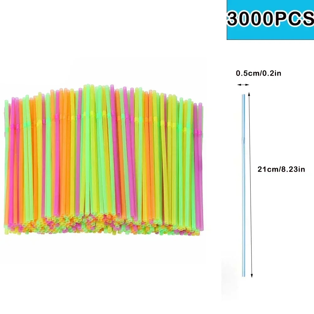 Multicolor Flexible Plastic Drinking Straws — Reusable Cocktail & Boba Straws 8.3 in (21 cm) x 0.2 in (5 mm) — Packs 50–6000 for Parties & Weddings