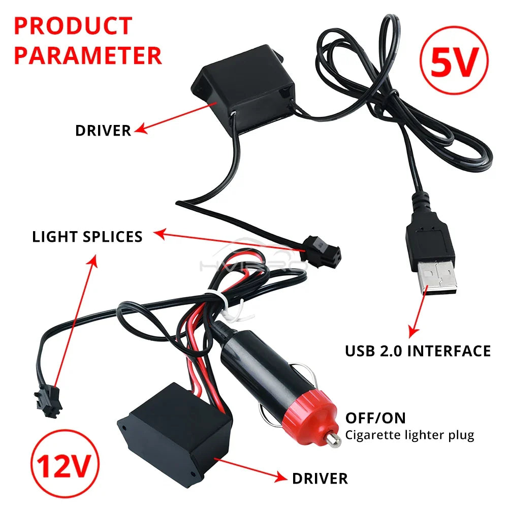 Car Interior LED Strip Light 1/2/3/5M – Flexible Neon Rope USB & 12V Ambient Door Dashboard Lighting