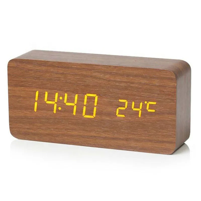 Wooden LED Digital Alarm Clock with Temperature Display — 3 Alarms & Adjustable Brightness, USB Bedside Desk Clock