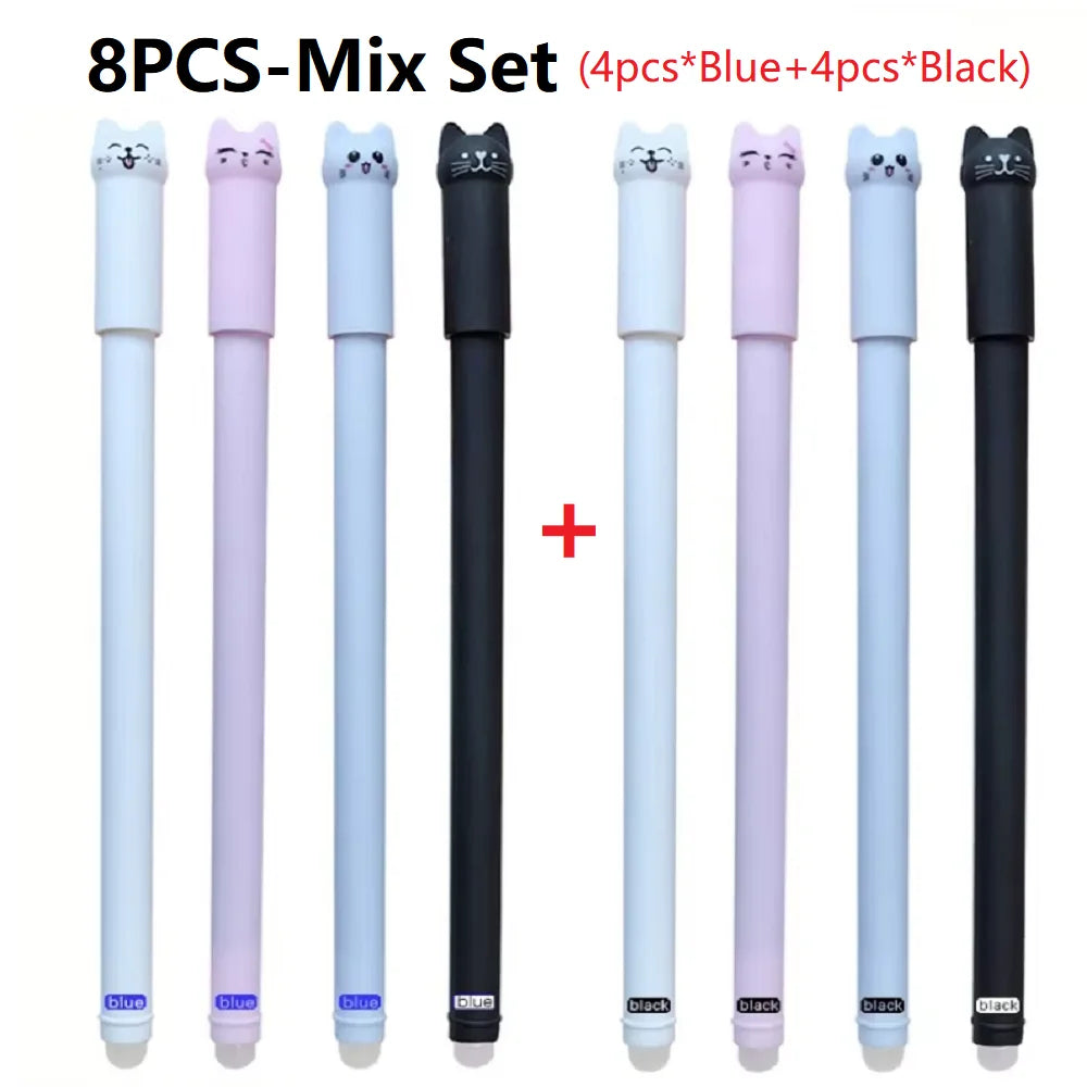 4/6/12-Pack Kawaii Cat Erasable Gel Pens 0.5mm Black & Blue Ink Refillable Cute School & Office Stationery