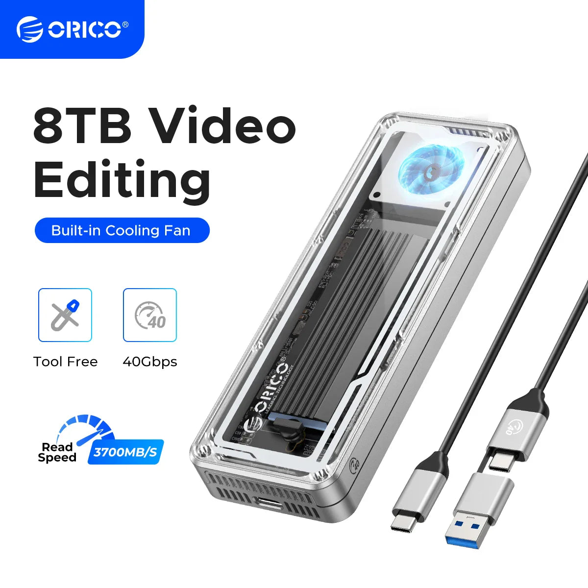 40Gbps USB4 M.2 NVMe SSD Enclosure — 8TB, Aluminum Case with Cooling Fan, PCIe 4.0, Thunderbolt 3/4 Compatible