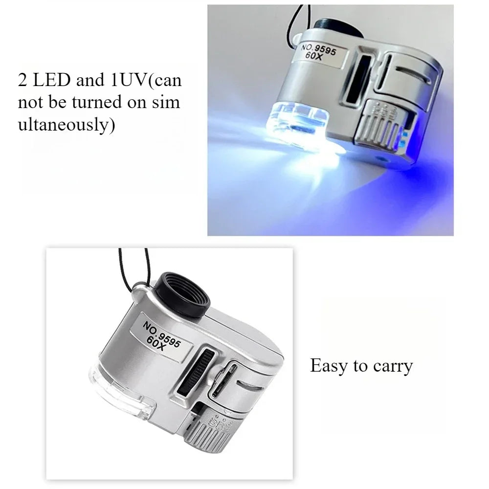 60X Pocket Magnifier with LED & UV Light - Portable Handheld Jeweler Loupe