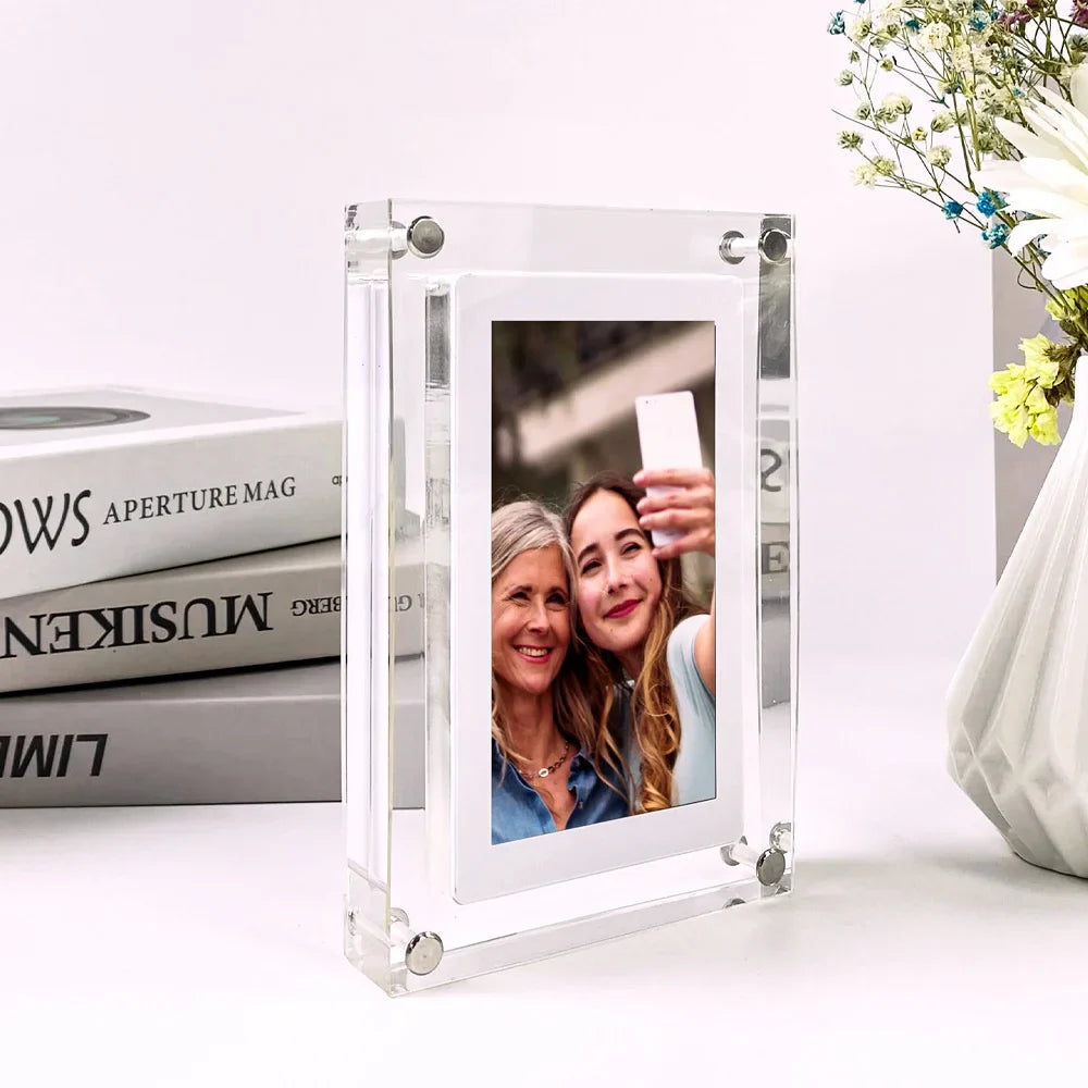 Acrylic Digital Photo Frame 5in / 7in (12.7 / 17.8 cm) IPS Display, 4GB Built-In Memory, USB-C Charging & Video Playback