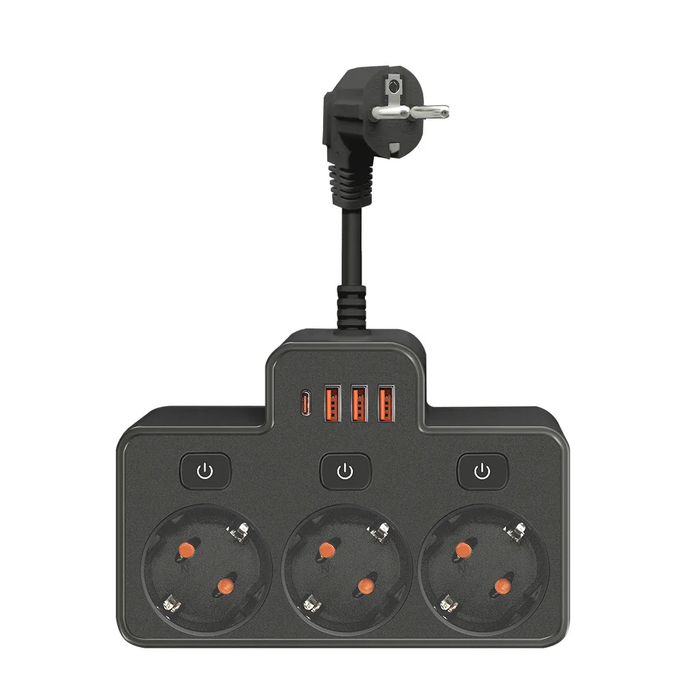 EU Wall-Mounted Power Strip — 3 AC Outlets + 4 USB Ports, Independent Switches, 0.5 m (20 in) Cord