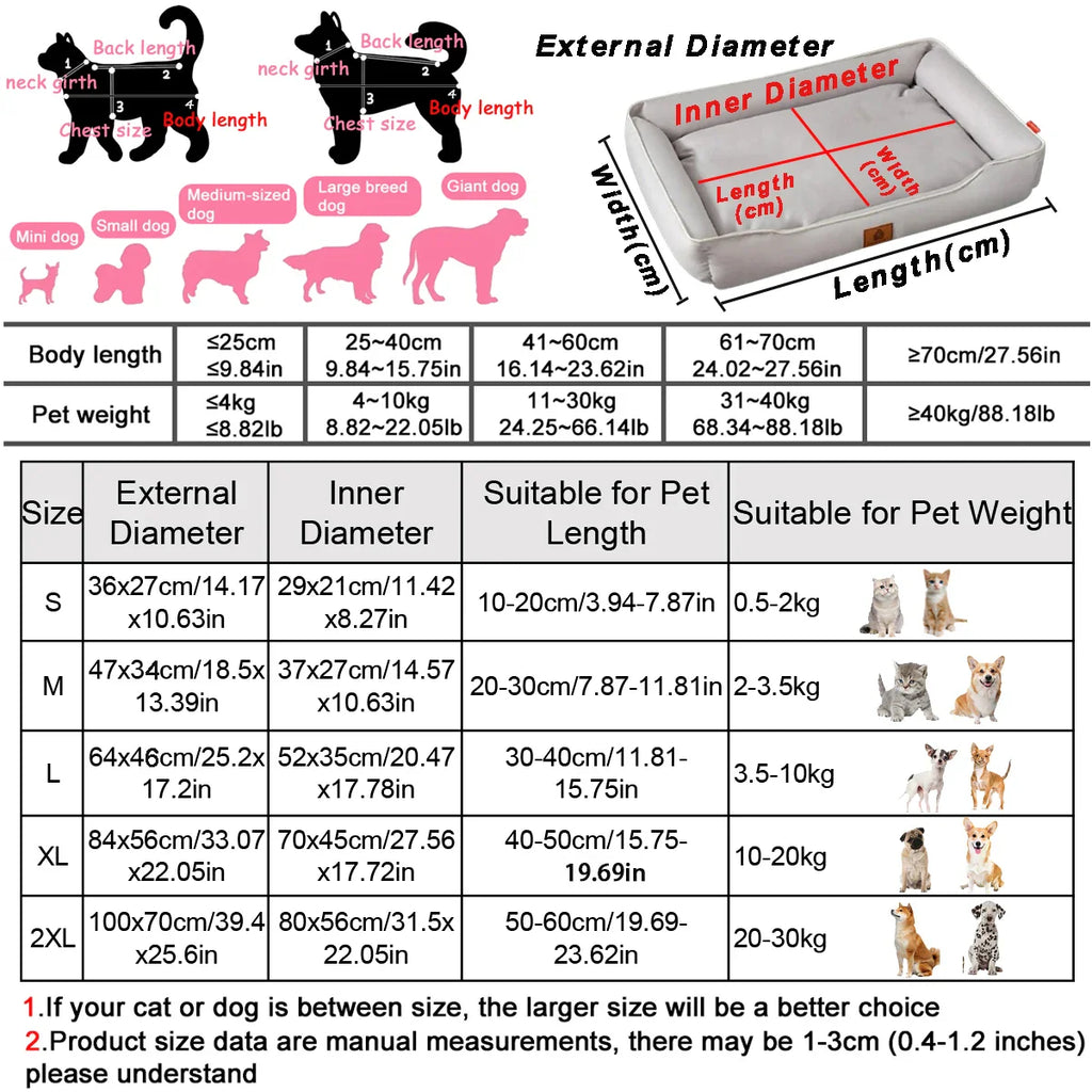 Four-Season Square Pet Bed Waterproof Thickened Bite-Resistant Dog & Cat Sofa Mattress – Sizes S-XXL (36–100 cm / 14–39 in)