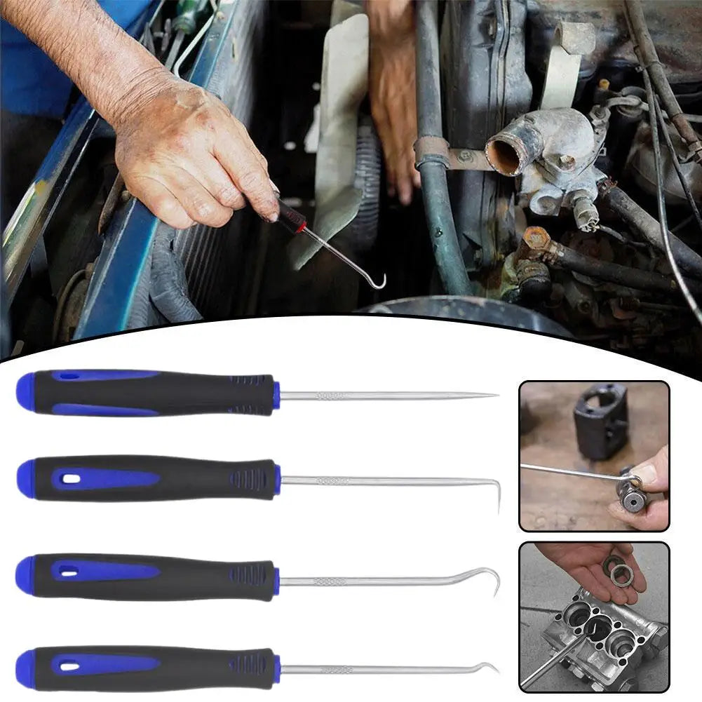 4-Piece Car Oil Seal Hook Tool Set - O-Ring Gasket Puller & Hose Remover, Blue TPR Handles, 165mm (6.5 in) & 240mm (9.45 in)