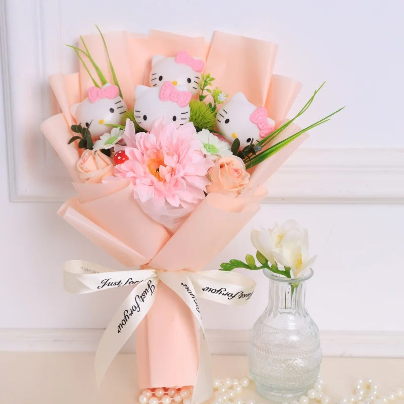 Kawaii Cat Plush Bouquet with Artificial Flowers — Cute Plush Doll Gift for Her, Valentine, Birthday, Graduation