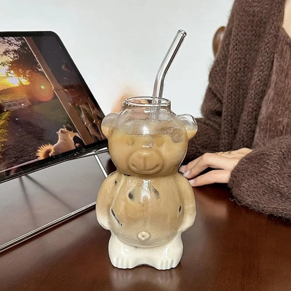 Cute Bear Glass Mug with Straw 320ml (11 fl oz) - Kawaii Cartoon Coffee & Milk Cup
