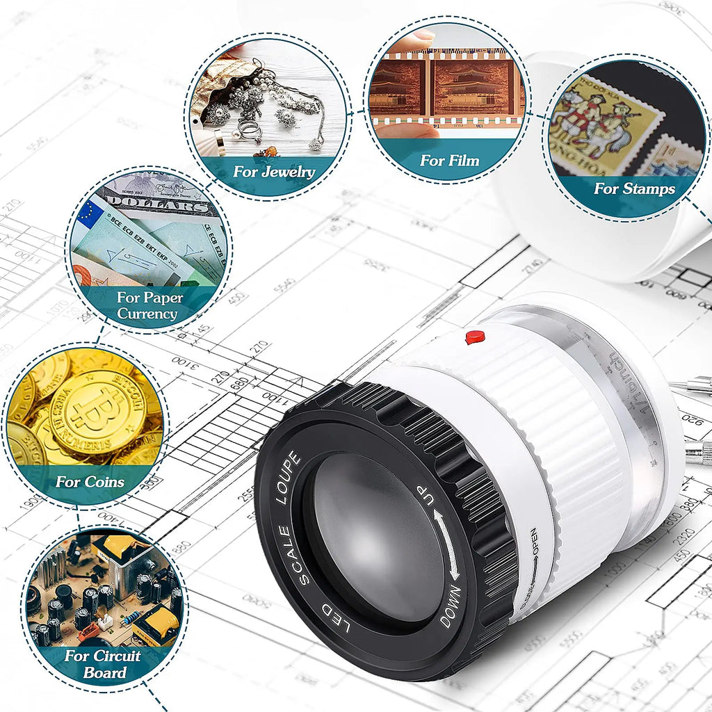 30X Pocket Handheld Magnifier with 3 LED & UV Lights - 30mm Lens Adjustable Focus Loupe for Jewelry, Reading & Collectibles