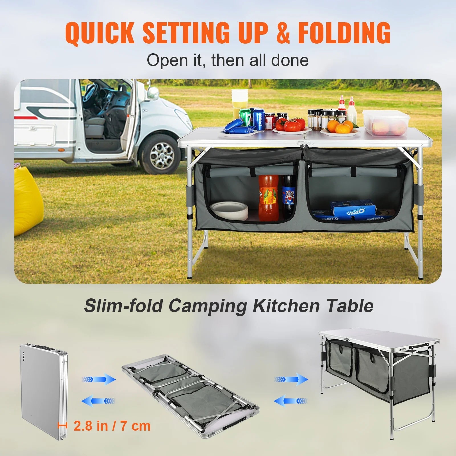 Folding Camping Kitchen Table with MDF Top – Portable Adjustable-Height Outdoor Cooking & BBQ Table for RVs and Picnics (47.2 x 18.5 in / 120 x 47 cm)