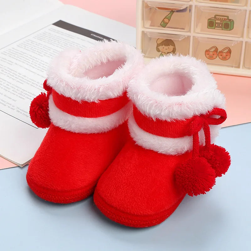 Baby Soft Pompom Snow Booties - Warm Infant & Toddler First Walker Boots, Sizes 12-14 (4.3-4.9 in / 11-12.5 cm)