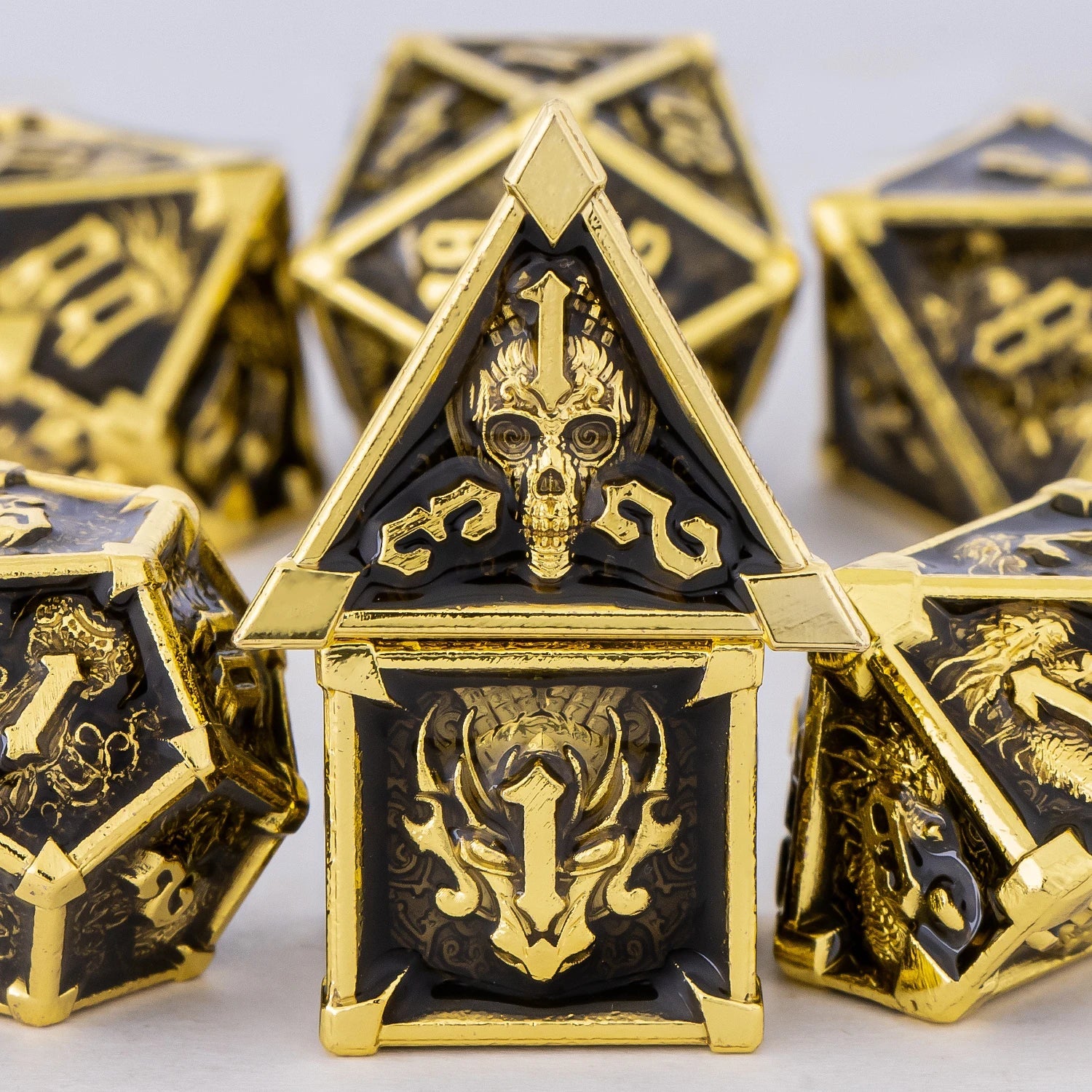 Skull and Dragon Metal Dice Set - 7-Piece Polyhedral DnD Dice for Dungeons & Dragons Tabletop RPG