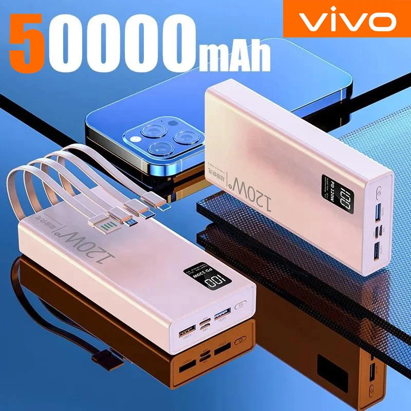 120W 50000mAh 4-in-1 Fast Charging Power Bank with Built-in Cables – Portable Charger for Smartphones & Tablets