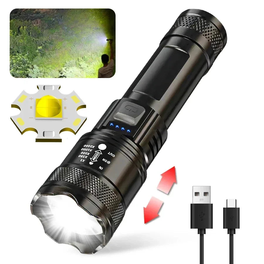 Tactical LED Flashlight 1600LM USB-C Rechargeable Zoom Waterproof Torch for Camping, Fishing & Emergency