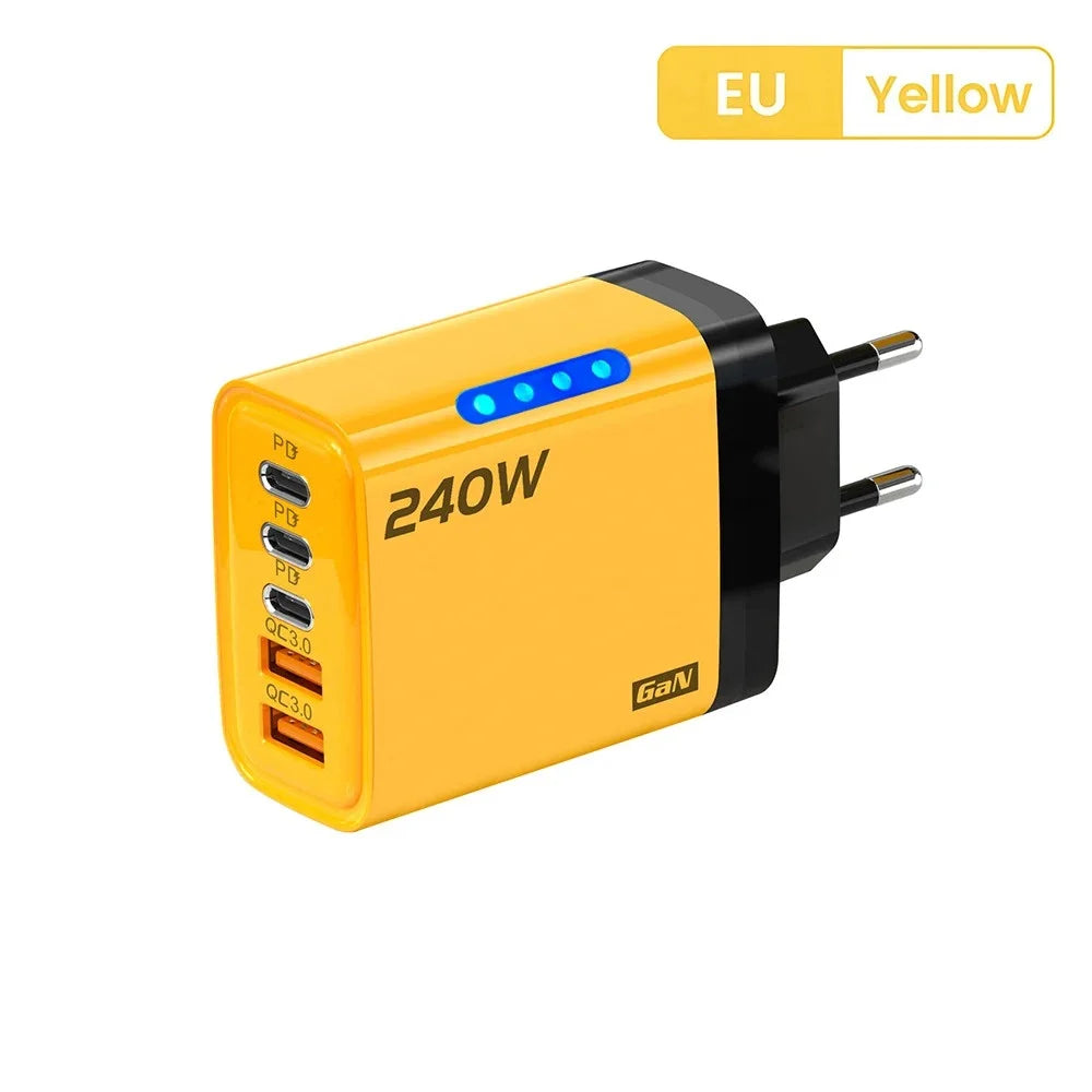 240W 5-Port USB-C PD Fast Charger GaN – Quick Charge 3.0 Adapter (3×Type-C + 2×USB-A)