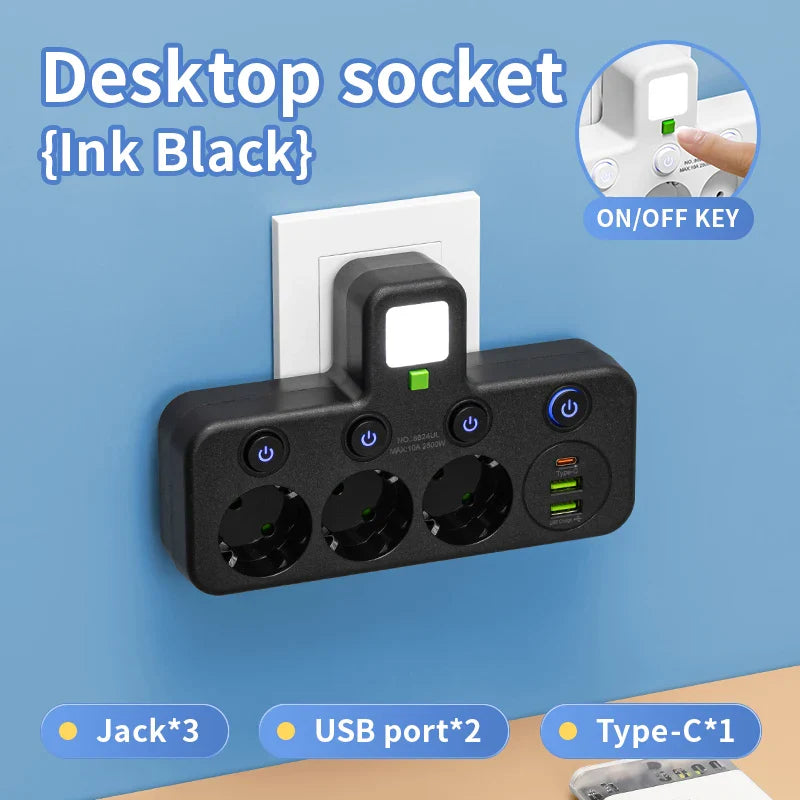 EU Plug Wall-Mounted Power Strip, 3 AC Outlets with Independent Switches, 2 USB-A + 1 USB-C Charging Ports (2500W)