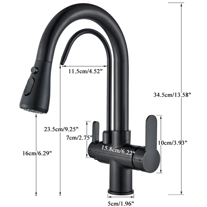 Black 3-Way Filtered Kitchen Faucet 360° Swivel Pull-Out Sprayer Hot & Cold Mixer Tap