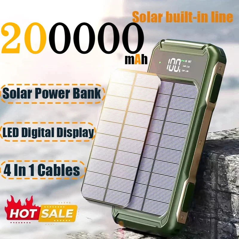 200000mAh Solar Power Bank — 4-in-1 Built-in Cables, Fast Charge, Digital Display & LED Emergency Light
