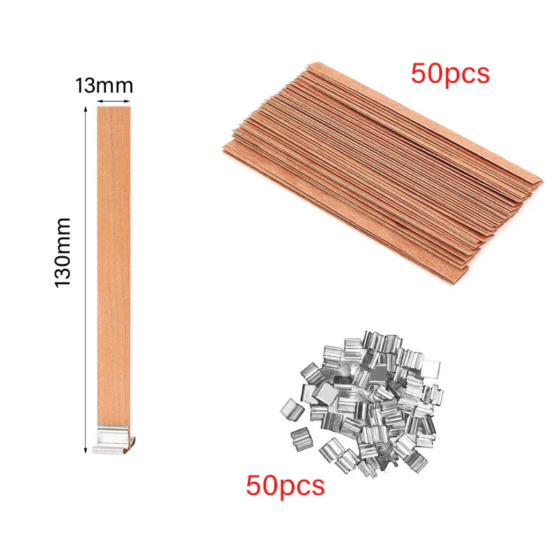 30/50-Pack Cherry Wood Candle Wicks with Metal Clip Bases – Smokeless Wooden Wicks for DIY Jar Candles